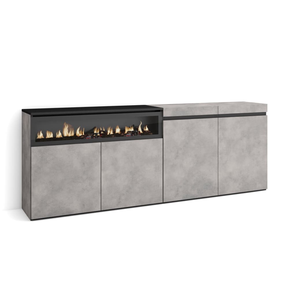 Sideboard Holzeffekt Kamin mit Feuereffekt 200x35x75cm Zementgrau