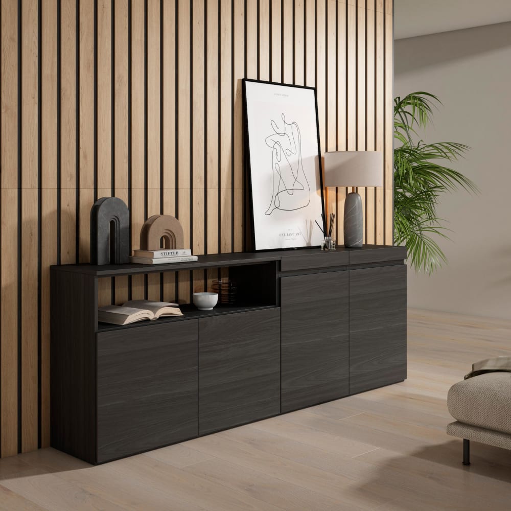 Skraut home Sideboard Holzeffekt 200x35x75cm Schwarz style modern Schwarz Spanplatte