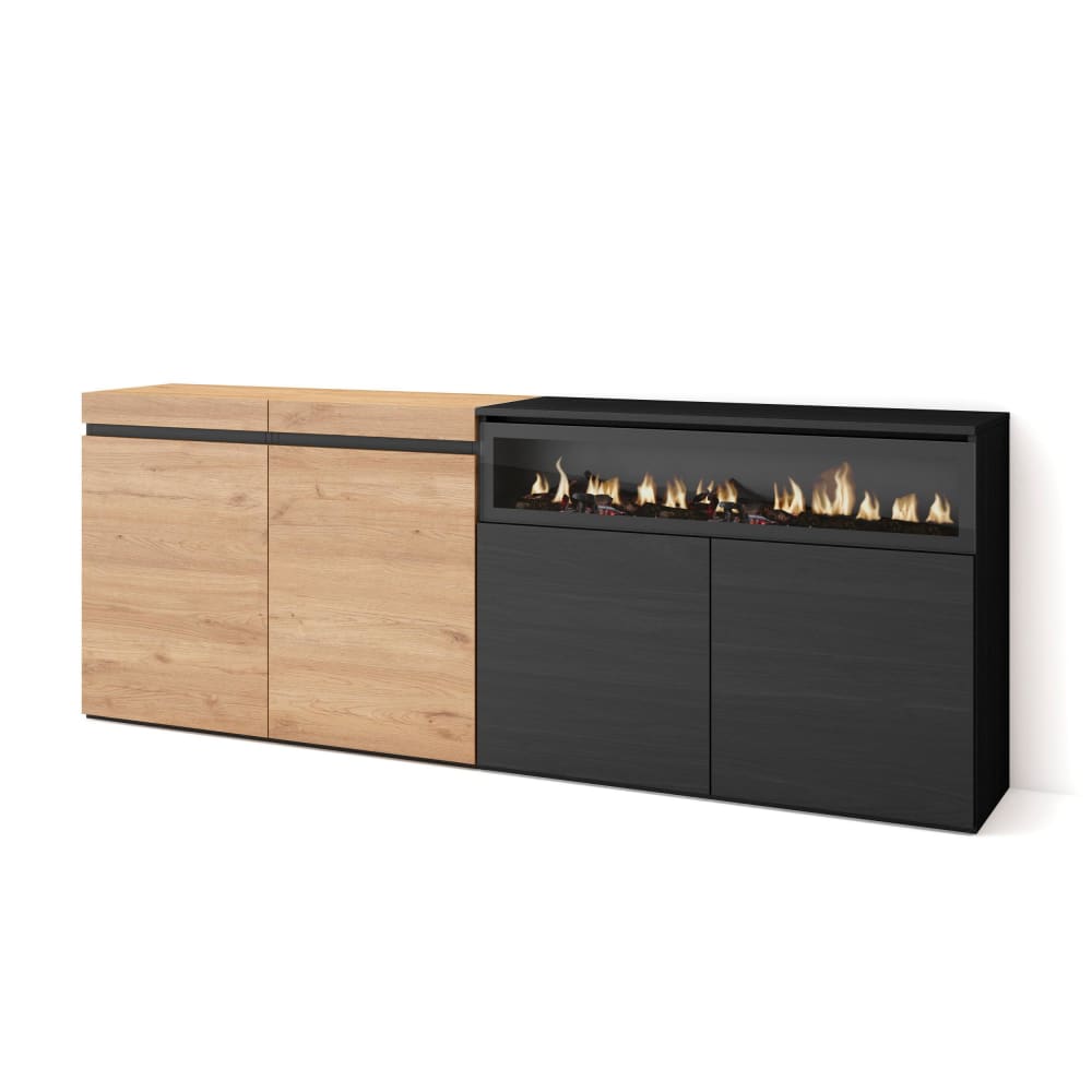Buffet effet bois chêne et noir 200x35x75cm cheminée effet feu