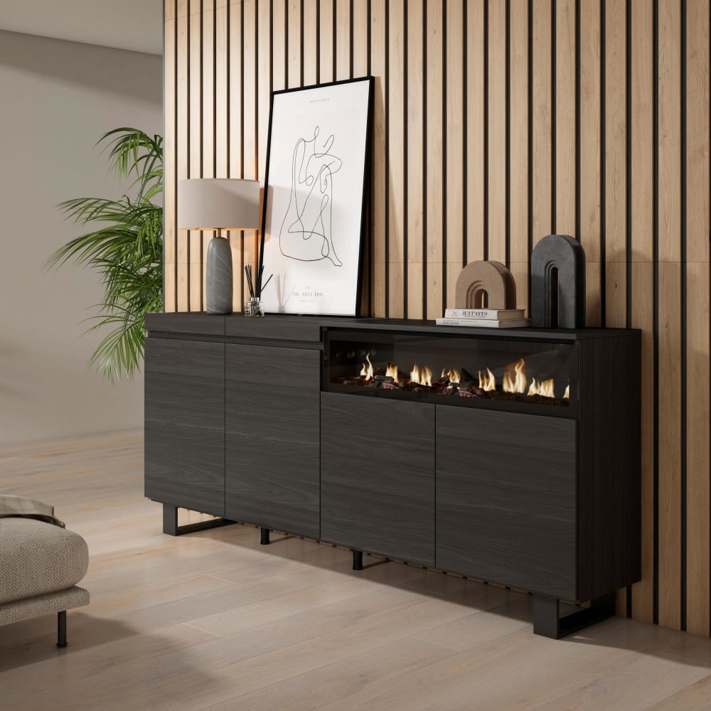 Skraut home Sideboard Holzeffekt Kamin mit Feuereffekt 200x35x87cm Schwarz style modern Schwarz Spanplatte