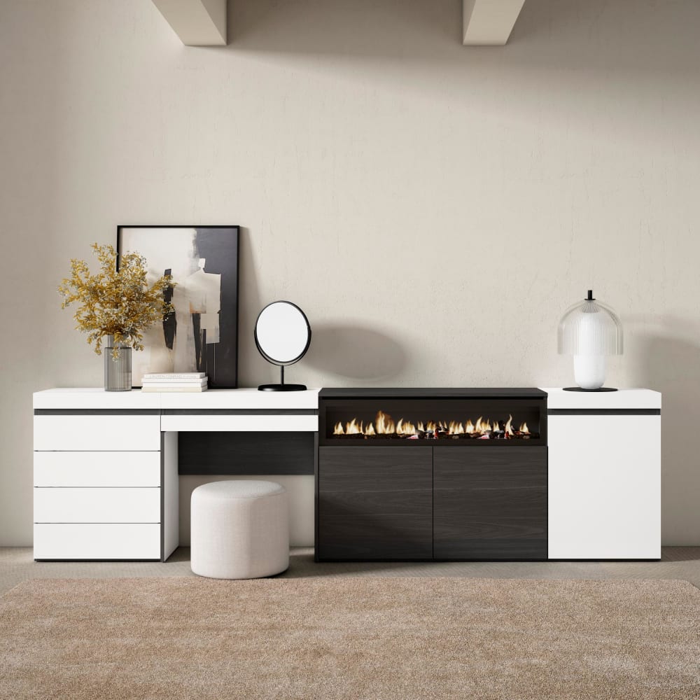 Skraut home Sideboard Holzeffekt Kamin mit Feuereffekt 277x35x75cm Weiß style modern Weiß Spanplatte