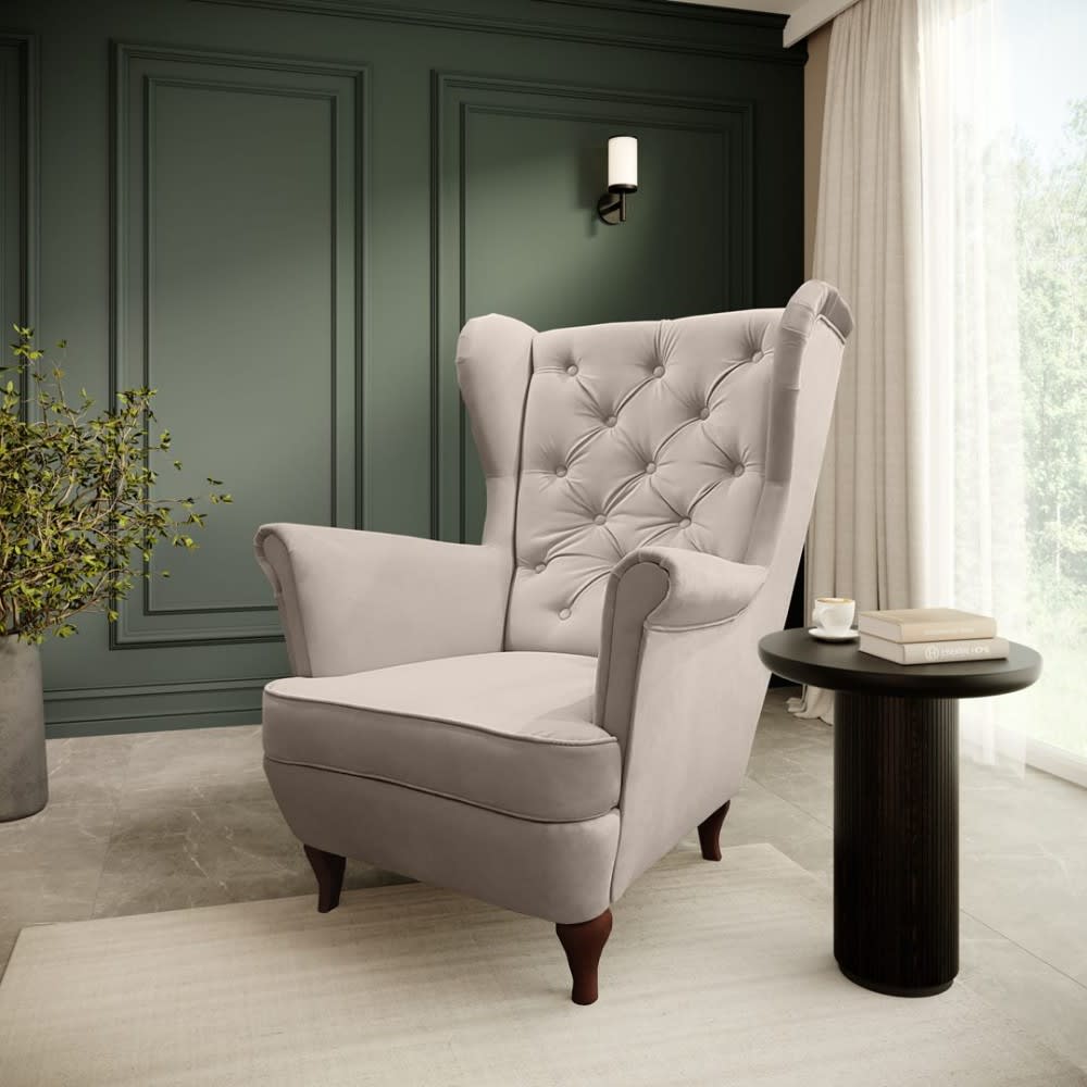 Sessel mit Wenge Holzbeinen, beige, Velour-Stoff - Maisons Du