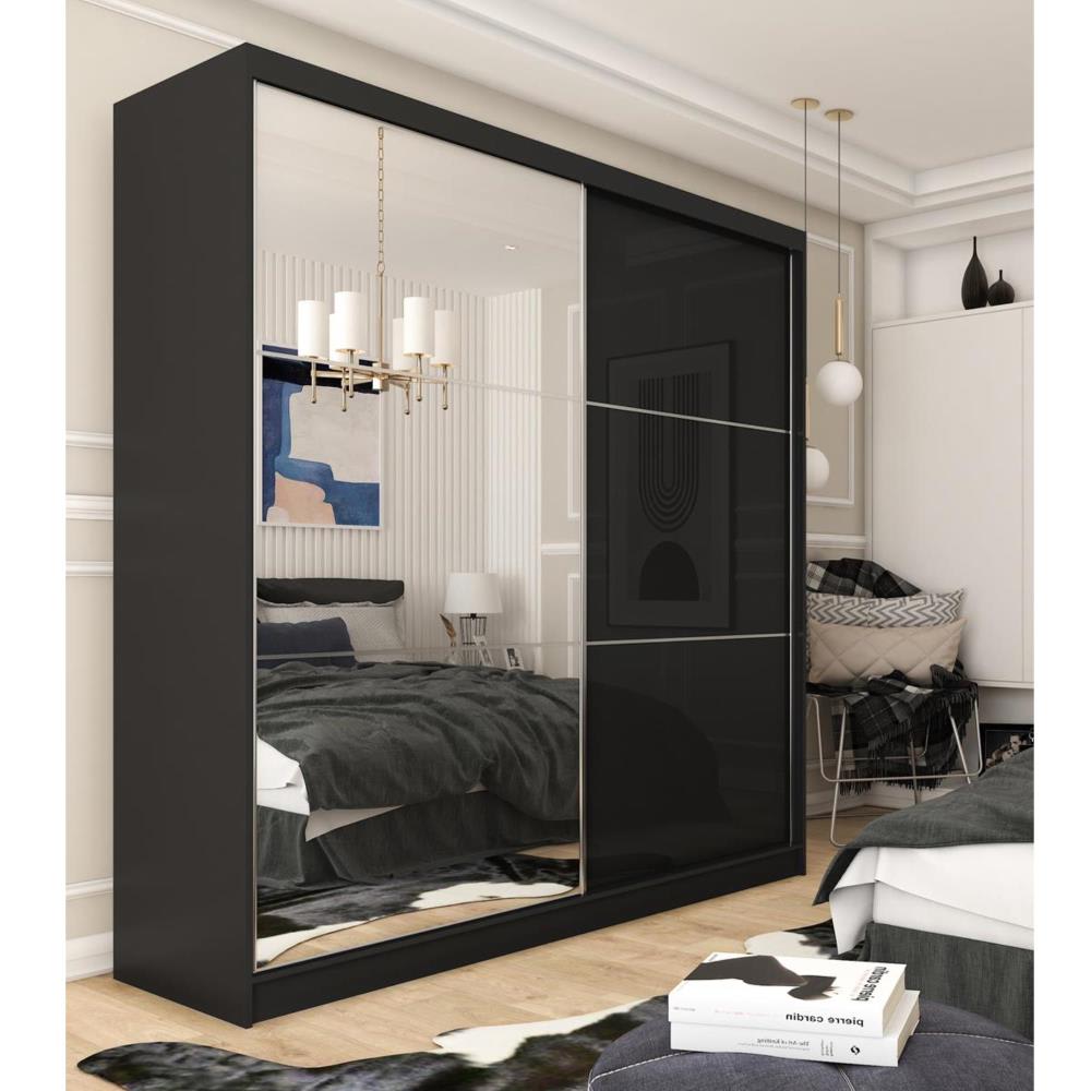 Schiebetürenschrank mit Spiegel, 200x216, schwarz - Maisons Du