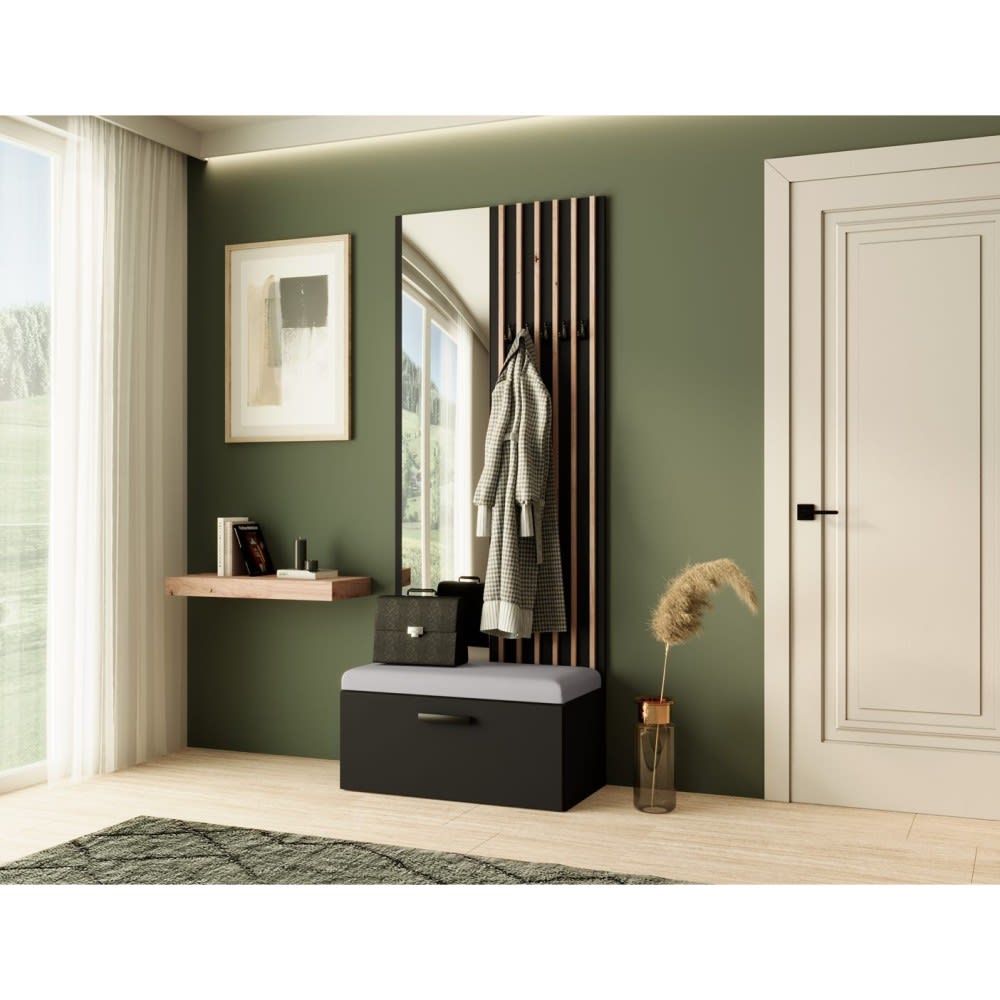 Garderobe mit Lamellen und Spiegel, Schwarz+Grau - Maisons Du