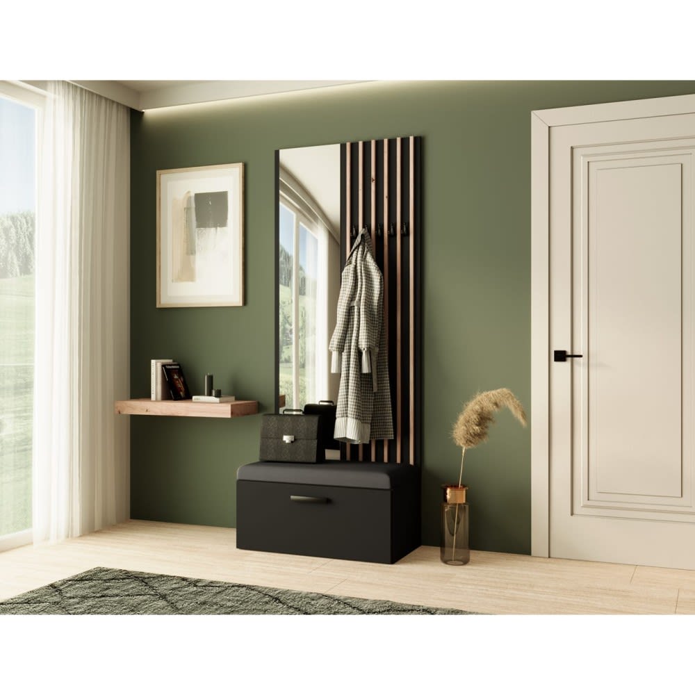 Garderobe mit Lamellen und Spiegel, Schwarz+Schwarz - Maisons Du