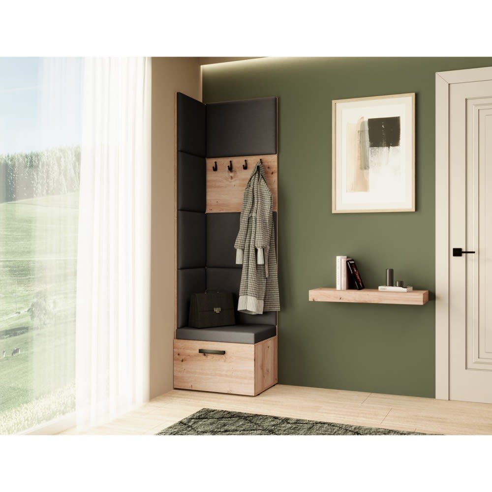 Eckgarderobe mit gepolsterten Paneelen, eiche Artisan+Schwarz -