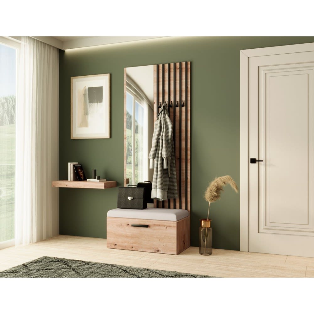 Garderobe mit Lamellen und Spiegel, eiche Artisan+Beige - Maisons
