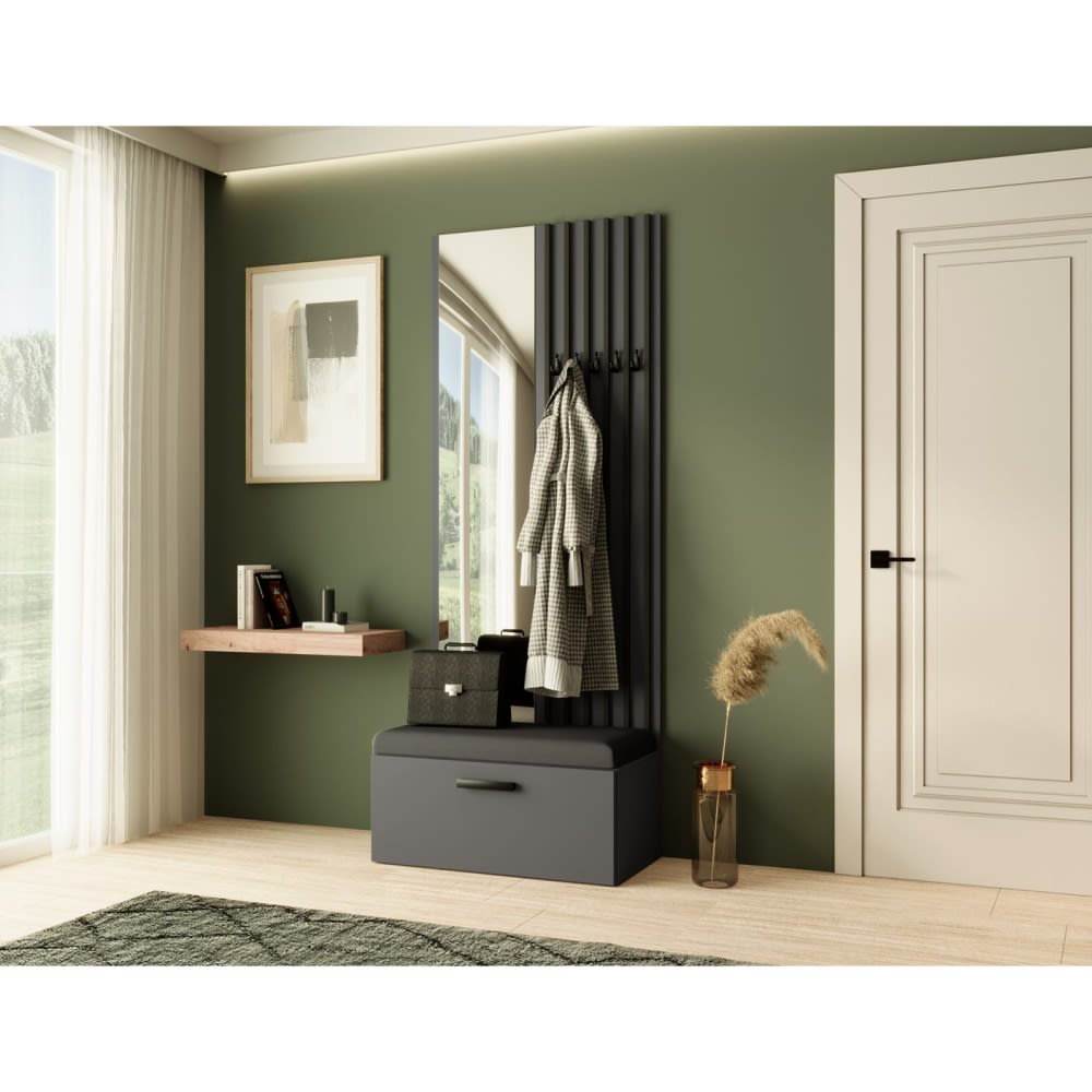 Garderobe mit Lamellen und Spiegel, Graphit+Schwarz - Maisons Du
