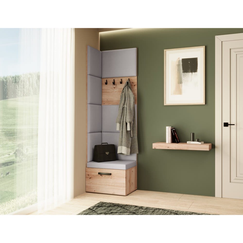 Eckgarderobe mit gepolsterten Paneelen, eiche Artisan+Grau -
