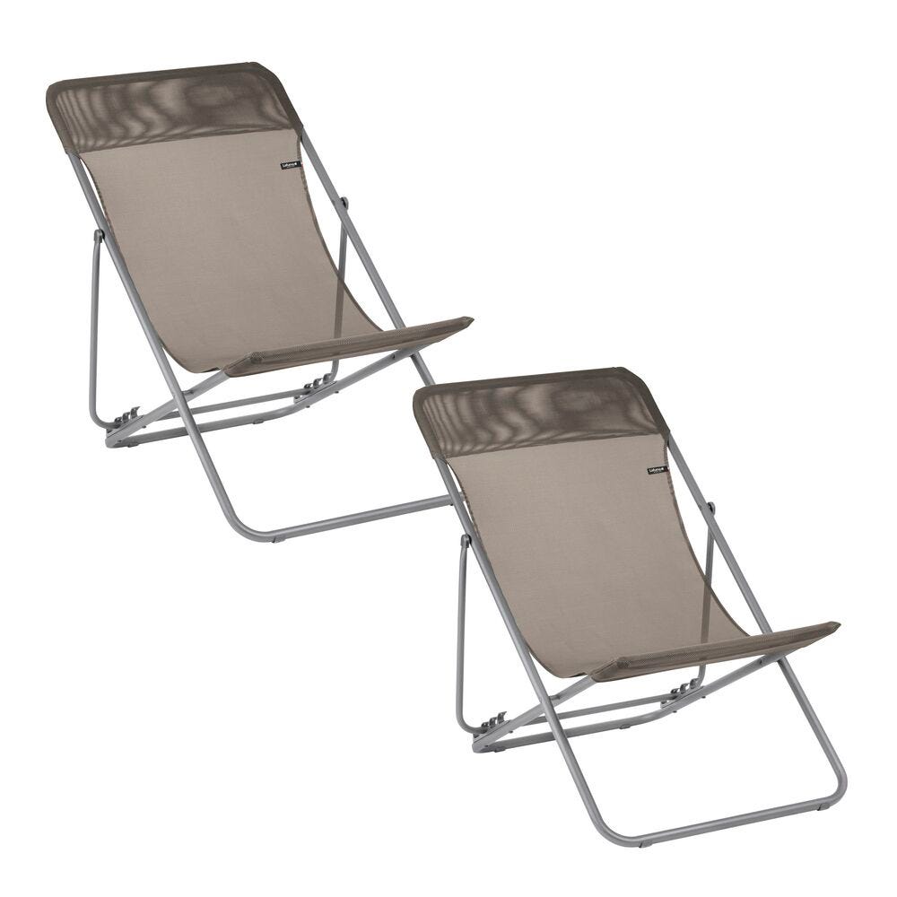 Lot de 2 transats jardin pliants multi-positions en acier marron
