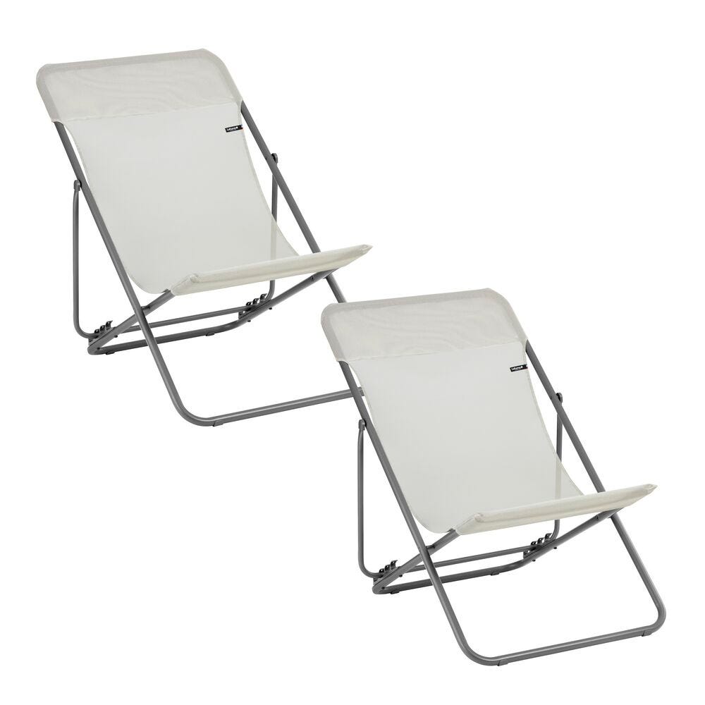 Lot de 2 transats jardin pliants multi-positions en acier beige
