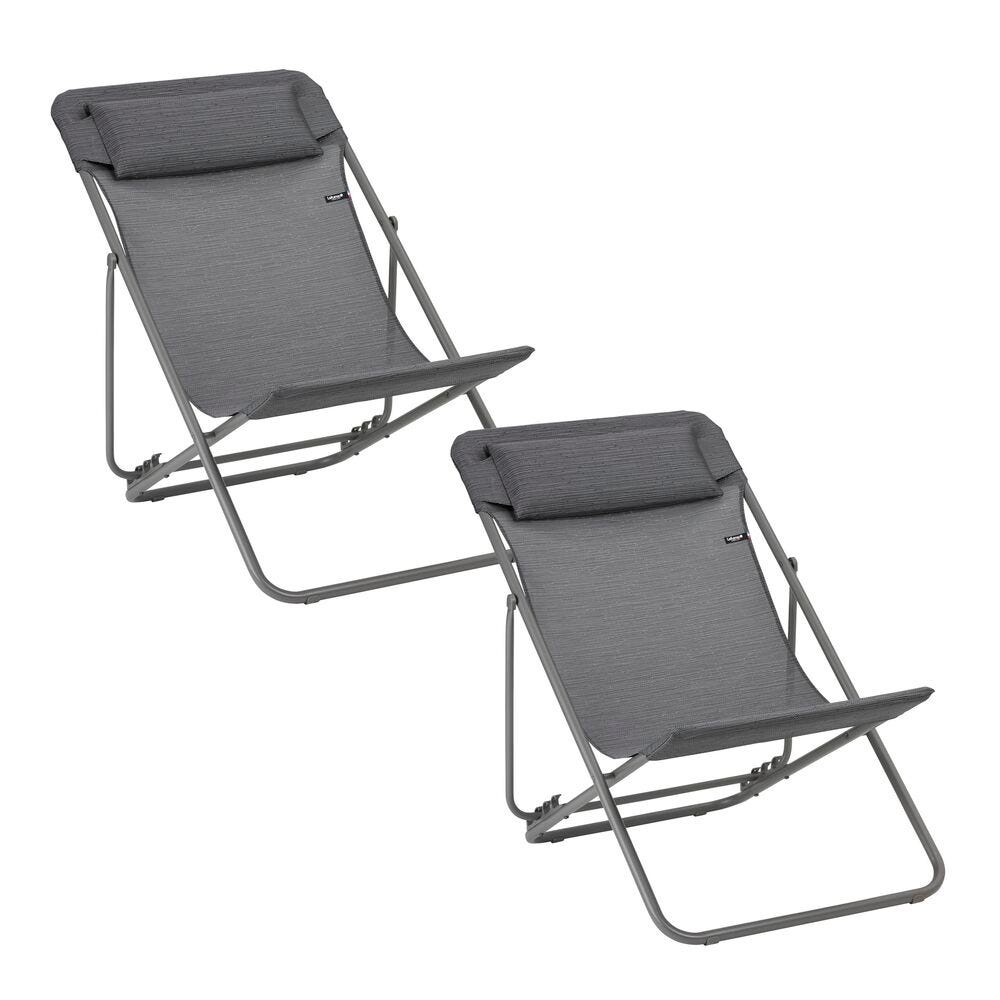 Lot de 2 transats jardin pliants multi-positions en acier gris