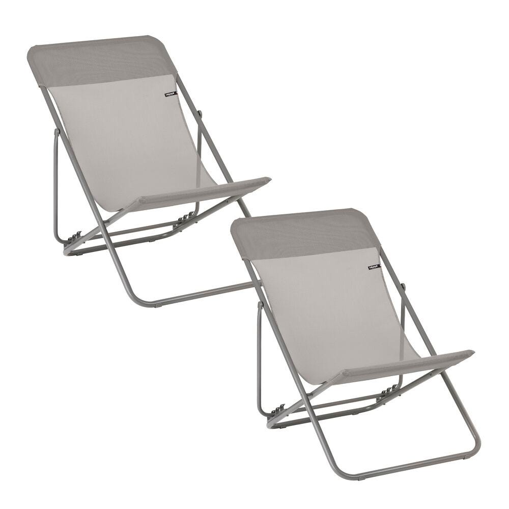 Lot de 2 transats jardin pliants multi-positions en acier gris
