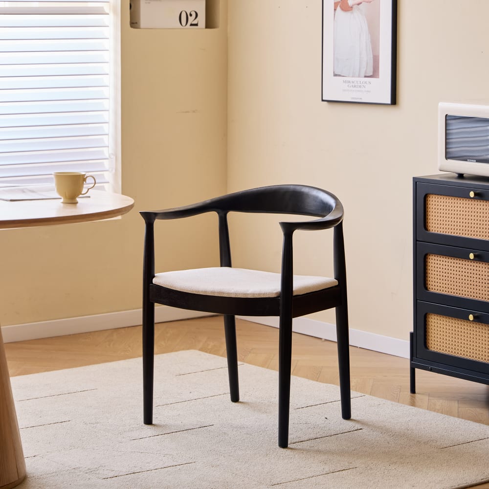 Lot de 2 chaises de salle à manger en bois massif noir et tissu beige