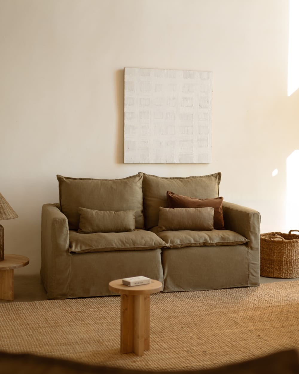 Module en coton et lin accoudoir droit déhoussable vert 97x97cm