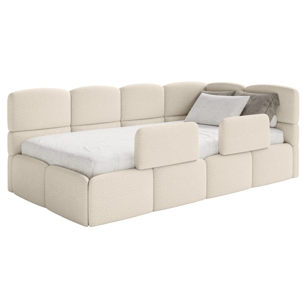 Lit ado 90x200 droit, avec matelas et barrière, bouclette beige clair