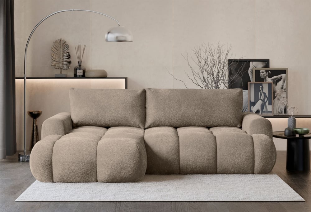 Ecksofa mit Schlaffunktion und Plüsch-Bezug, Dunkelbeige, links -
