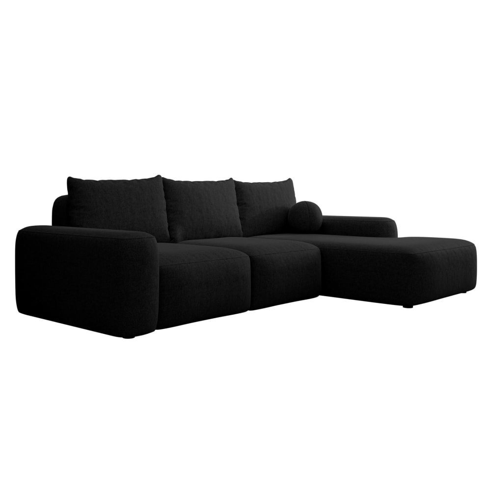 Canapé d’angle en tissu chenille, coussin boule, noir, droite