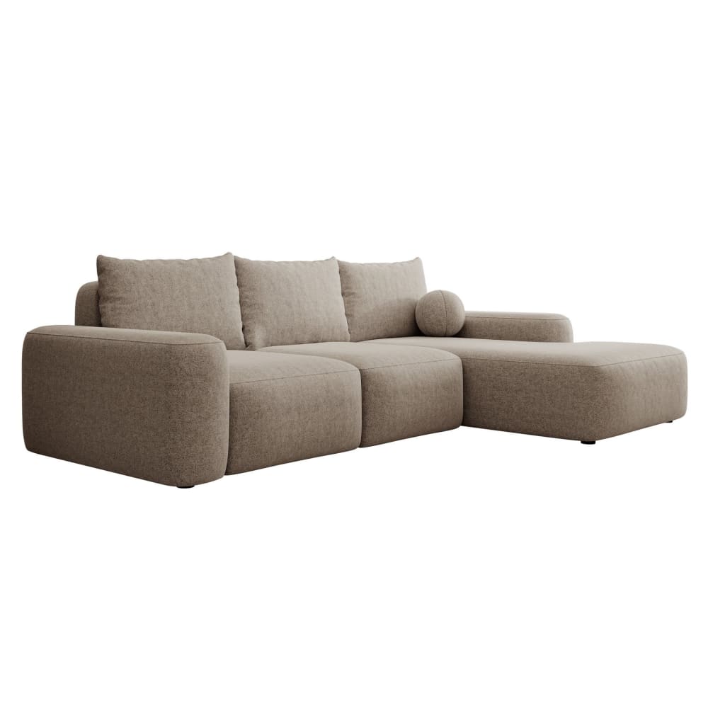 Canapé d’angle en tissu chenille, coussin boule, brun clair, droite