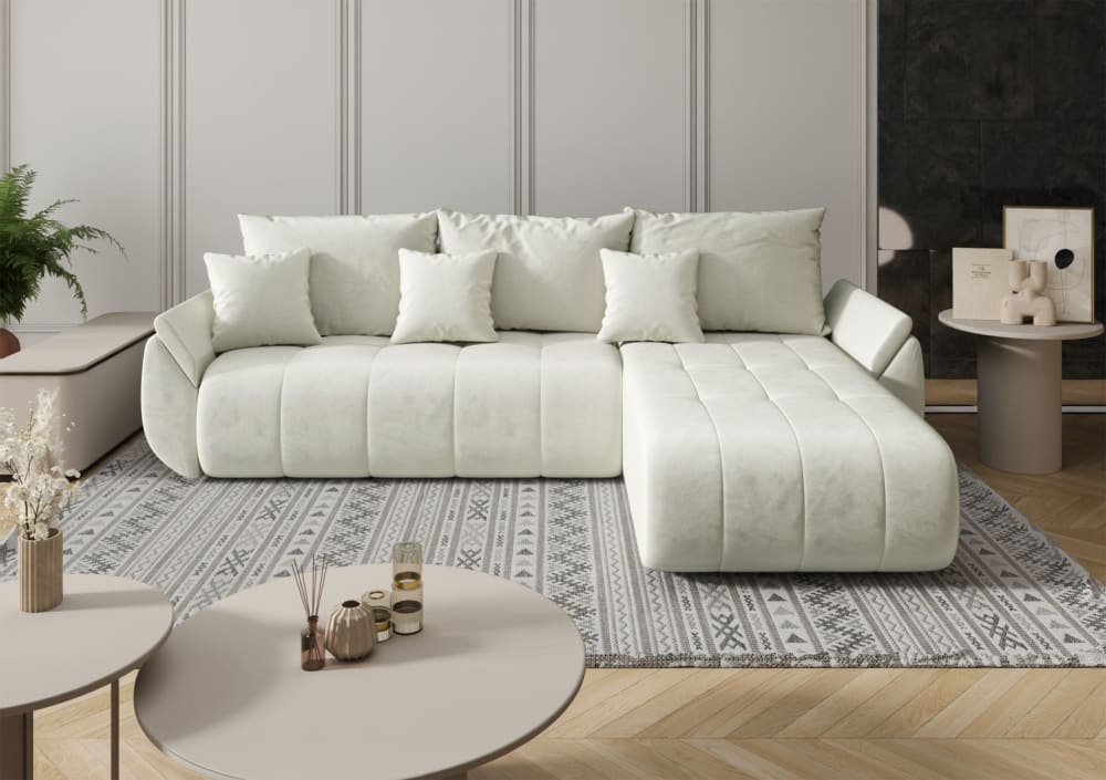 Canapé d'angle convertible, droite, en velours, crème