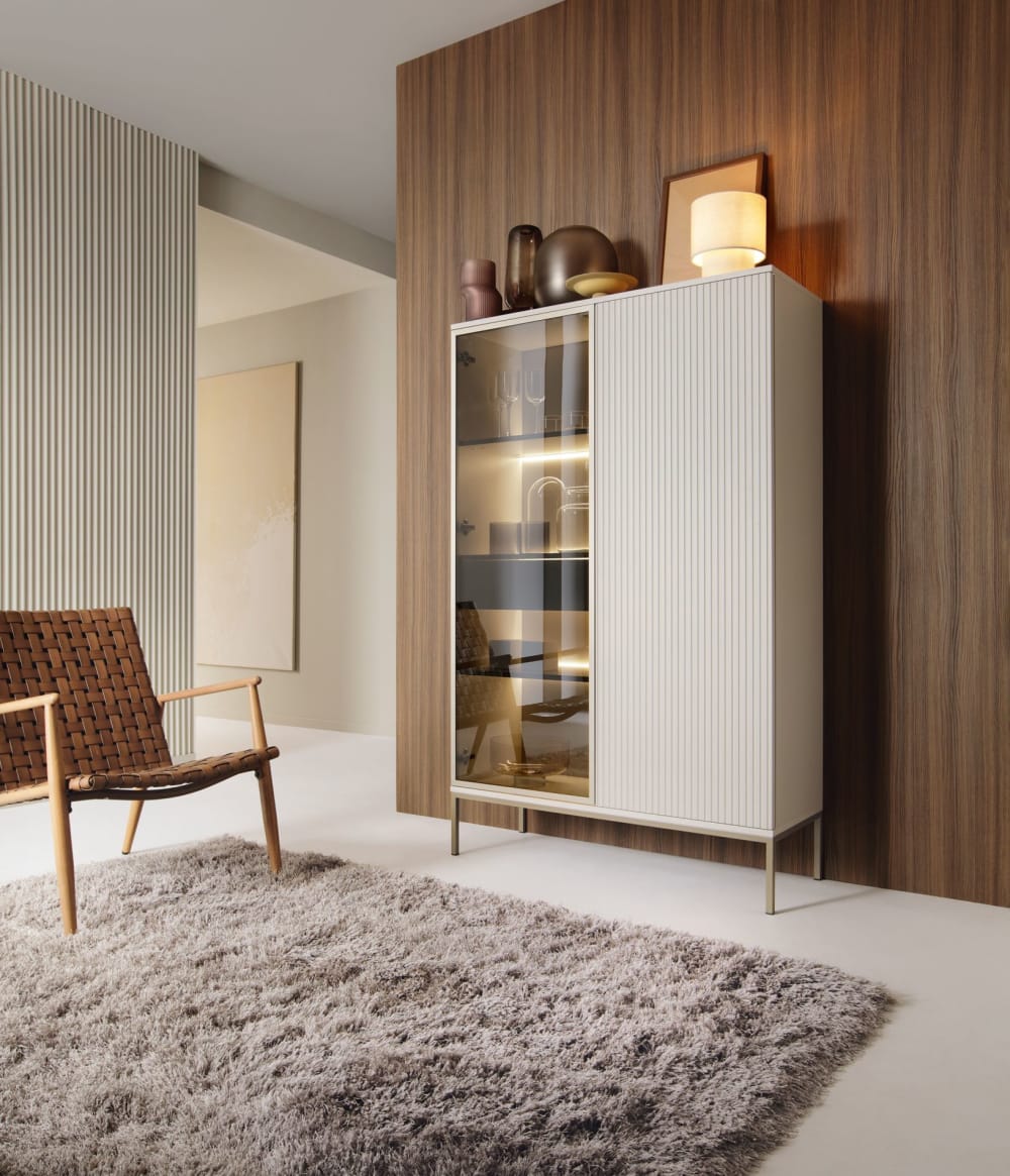 Vitrine 2-türig mit Schublade und LED, Greige - Maisons Du Monde