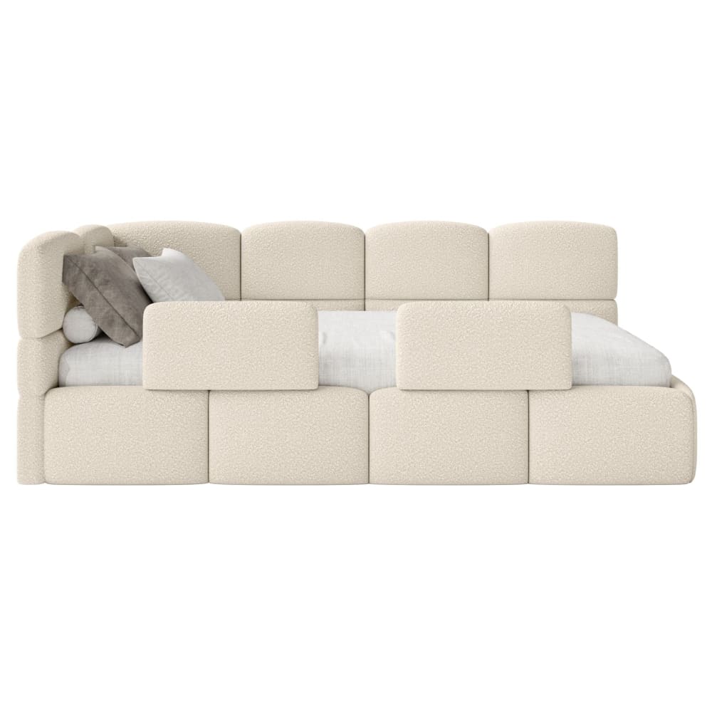 Lit ado 90x200 gauche avec matelas et barrière, bouclette beige
