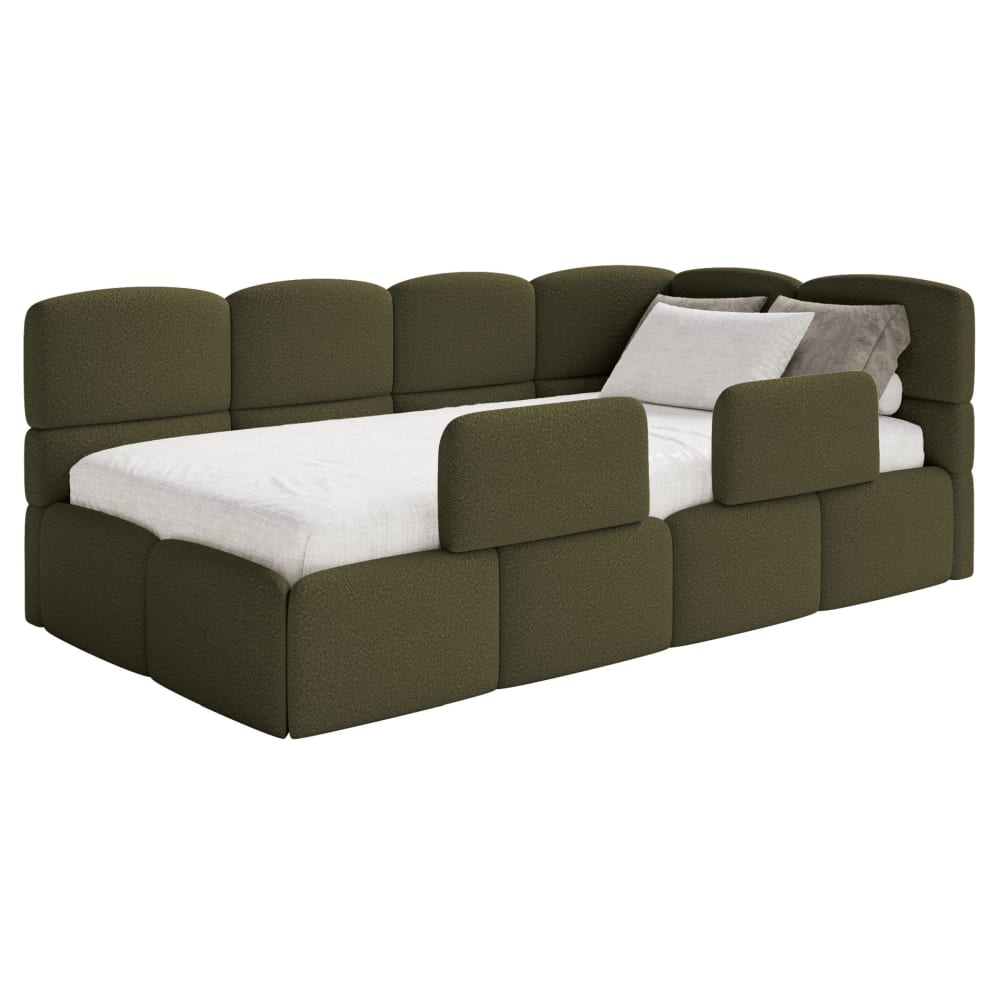 Lit ado 90x200, droit, avec matelas et barrière, en bouclette olive