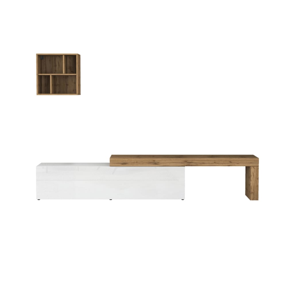 Ensemble meuble tv 190/350 cm effet bois blanc brillant et chêne
