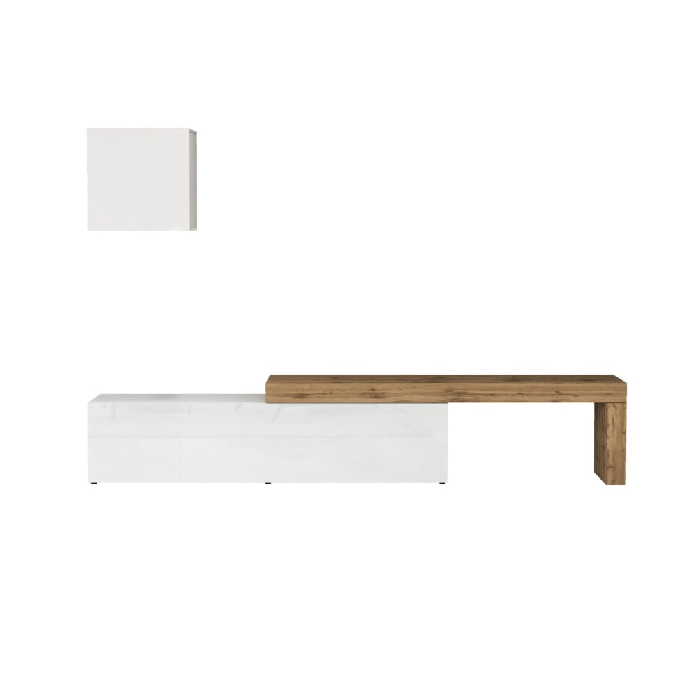 Ensemble meuble tv 190/350 cm effet bois blanc brillant et chêne