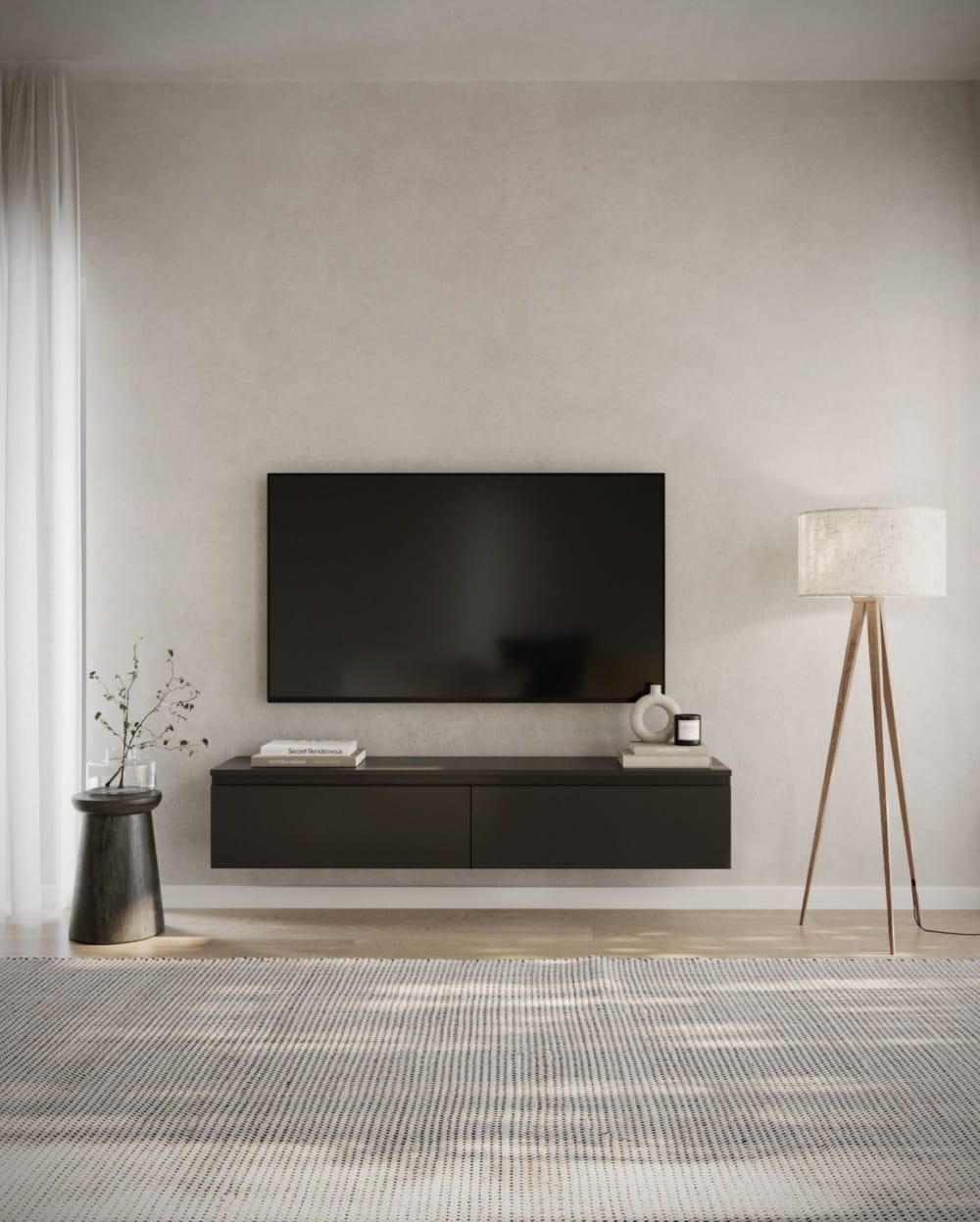 Meuble TV suspendu, noir, 150 cm