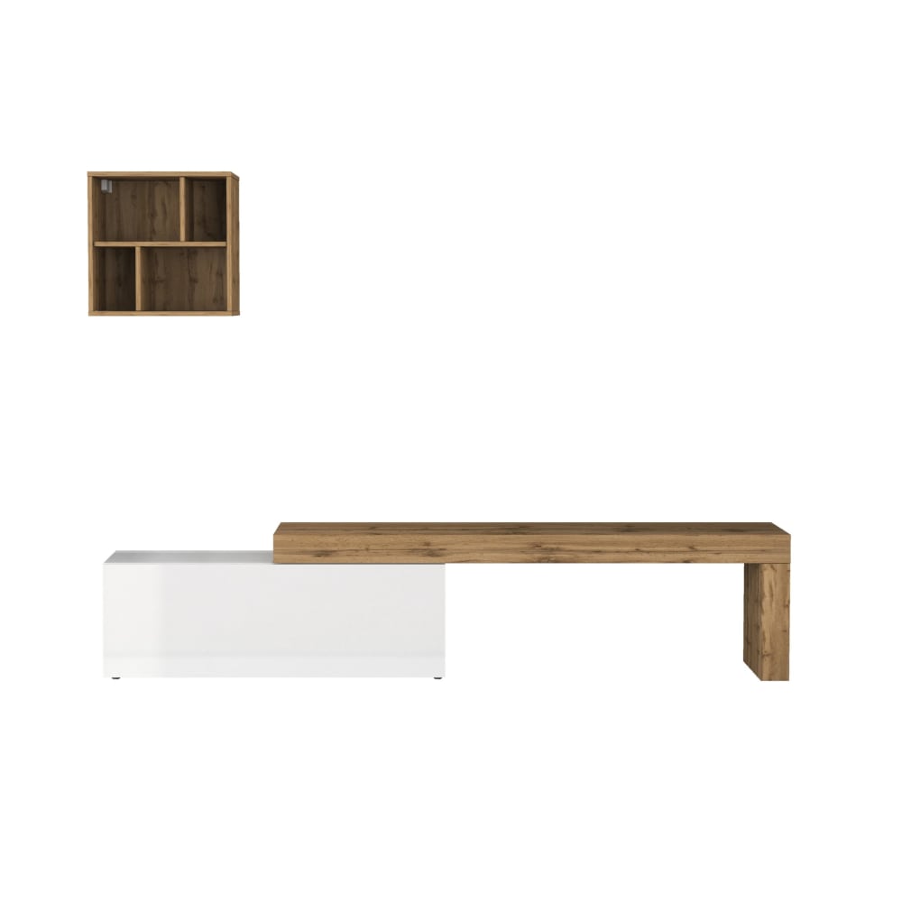 Ensemble meuble tv 180/290 cm effet bois blanc brillant et chêne