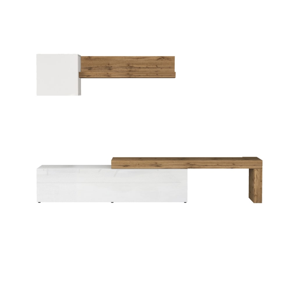 Ensemble meuble tv 190/350 cm effet bois blanc brillant et chêne
