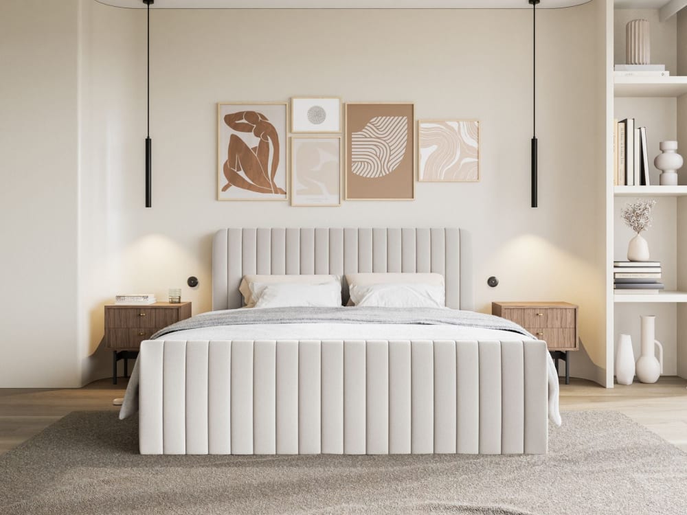 Lit continental 200x200 avec surmatelas en chenille beige clair