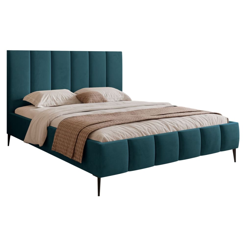 Lit rembourré 160x200 avec coffre, pieds en métal, turquoise