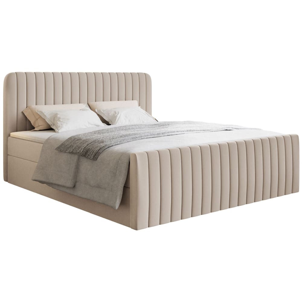 Lit continental 200x200 avec surmatelas, en tissu chenille, beige