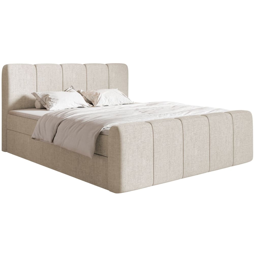 Lit continental 200x200 avec surmatelas, en tissu chenille beige clair