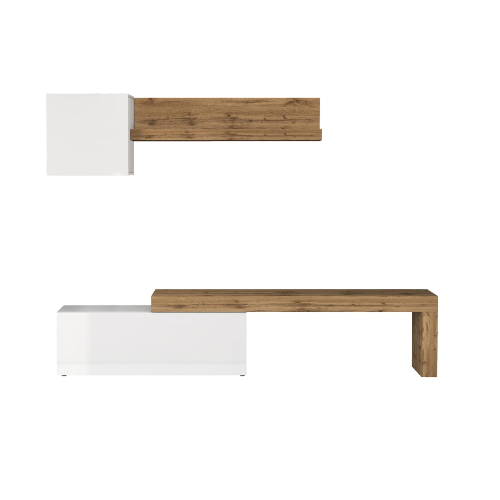 Ensemble meuble tv 180/290 cm effet bois blanc brillant et chêne