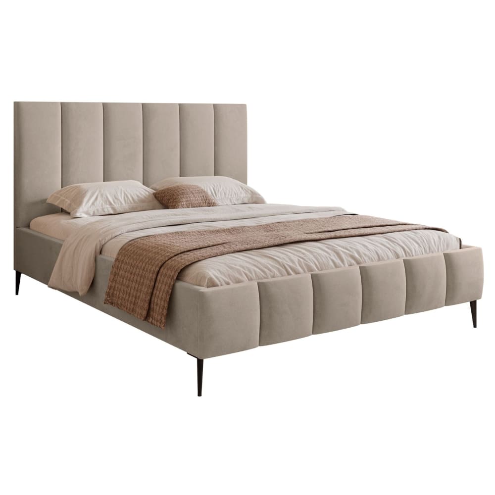 Lit rembourré 180x200 avec coffre, pieds en métal, grège