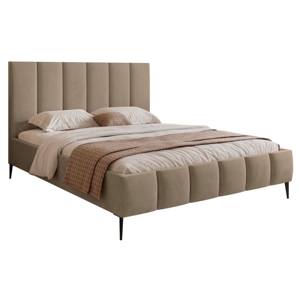 Lit rembourré 160x200 avec coffre, pieds en métal, beige foncé