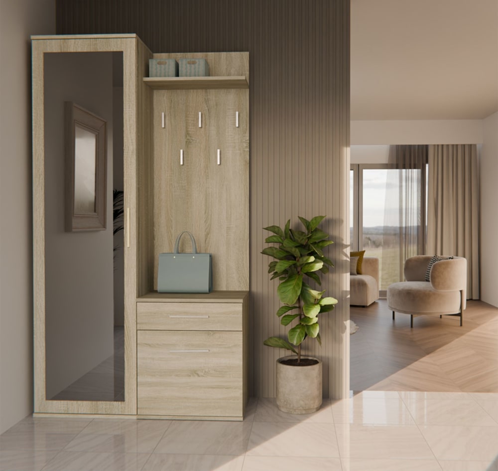 Penderie d’entrée avec armoire et miroir, chêne sonoma, 100 cm