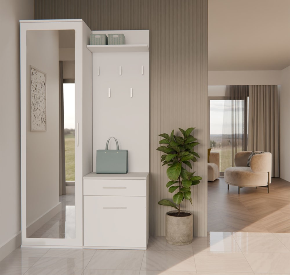 Penderie d’entrée avec armoire et miroir, blanc, 100 cm