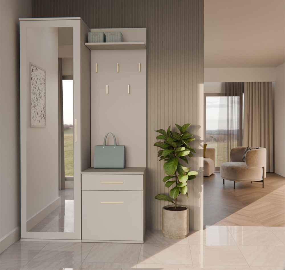 Penderie d’entrée avec armoire et miroir, grège, 100 cm