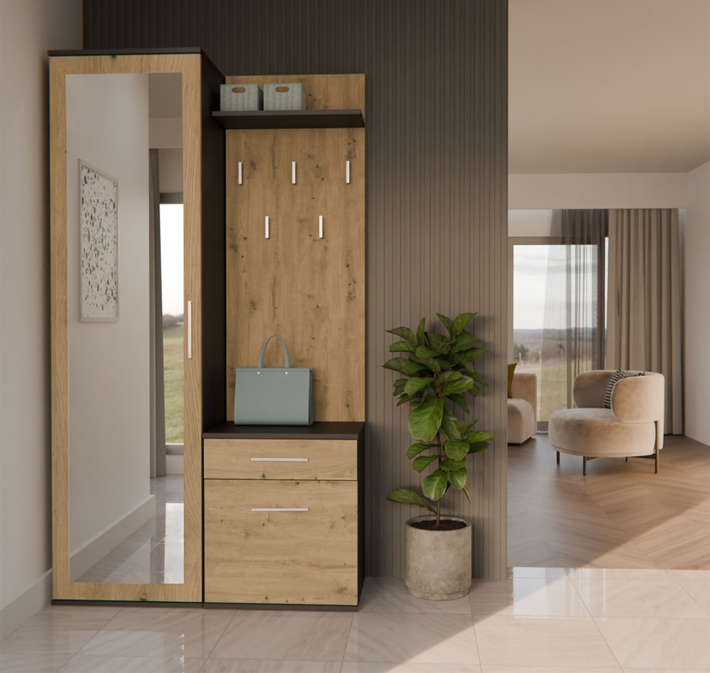 Flurgarderobe mit Schrank und Spiegel, Eiche Artisan / Grau, 100