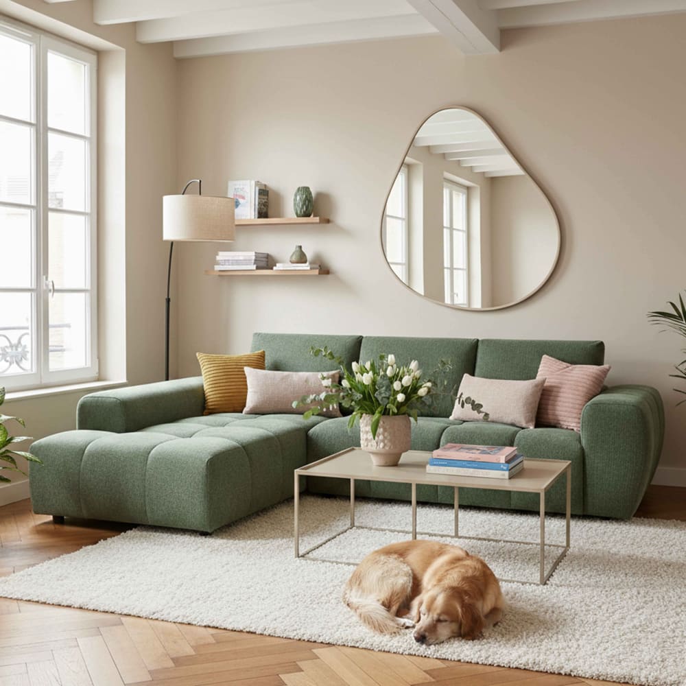 Canapé d'angle gauche  3 places avec méridienne vert L 270 cm