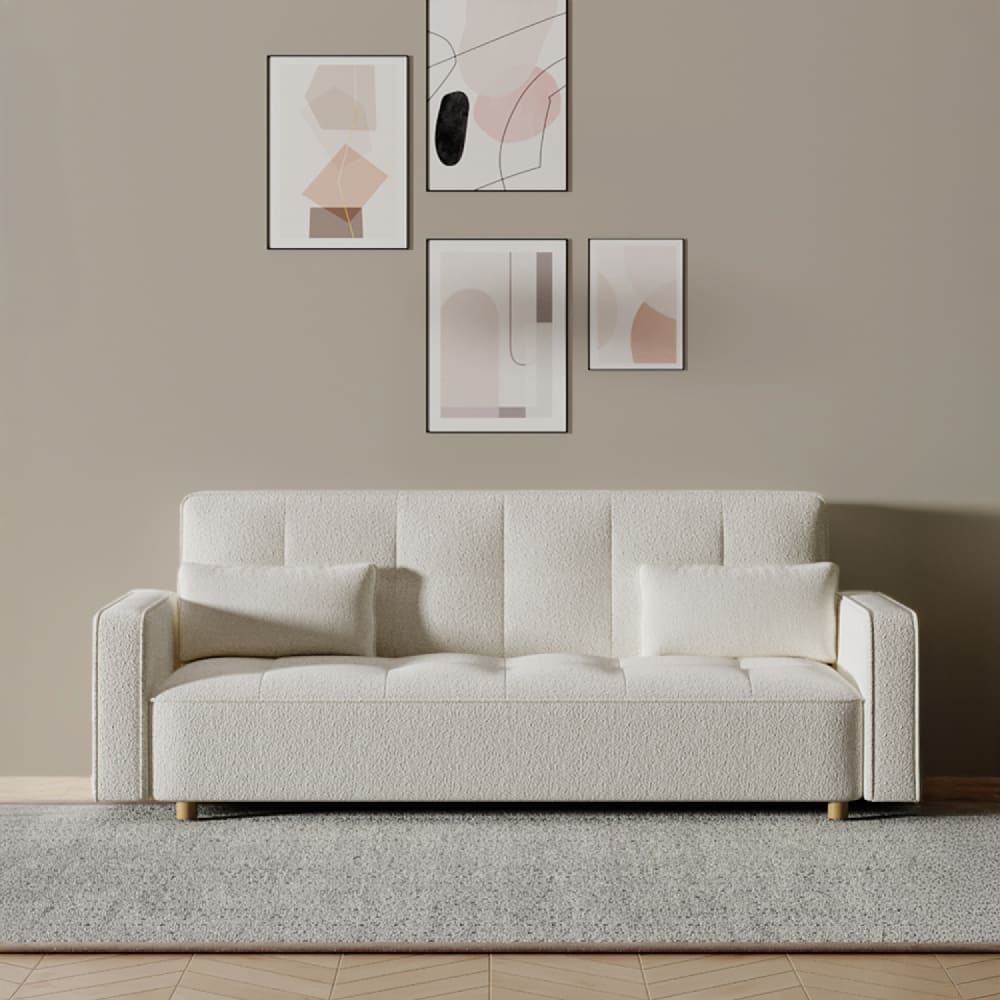 Canapé scandinave convertible 3 places en tissu bouclette blanc