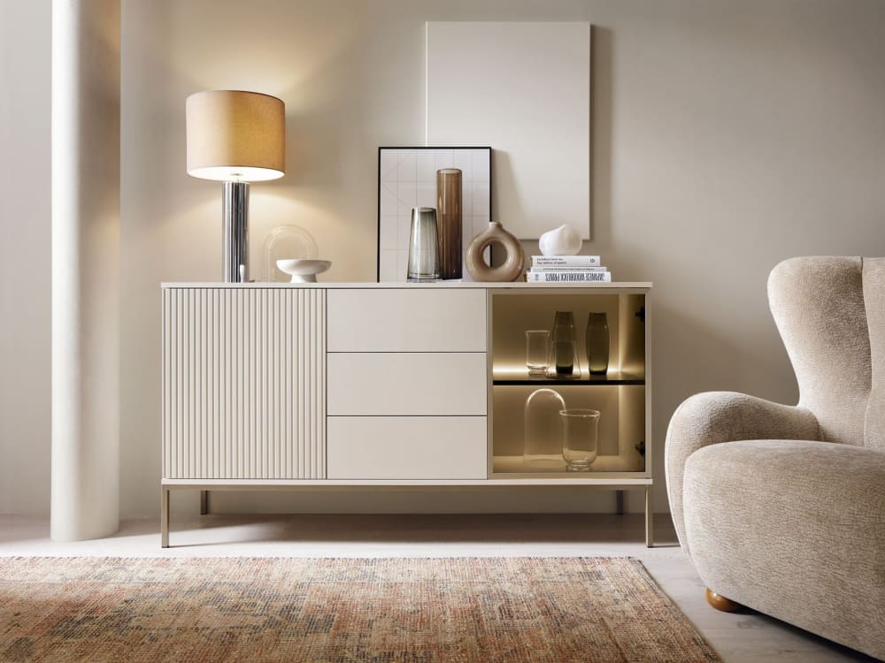 Sideboard 2-türig mit Schubladen und LED, Greige, 154 cm -