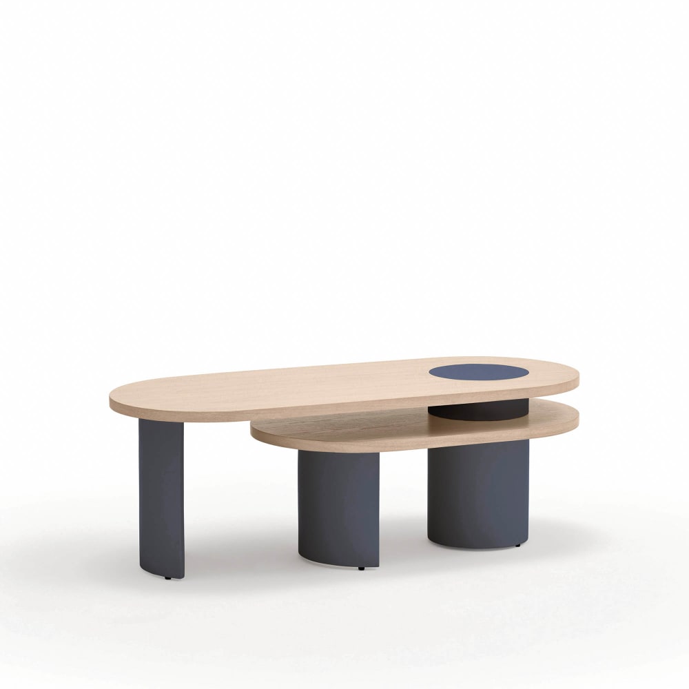 mesa de centro natural claro y patas azul oscuro