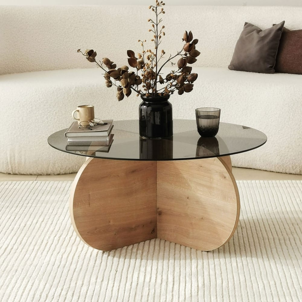 Table basse ronde en verre trempé et bois ø75cm - Bois clair