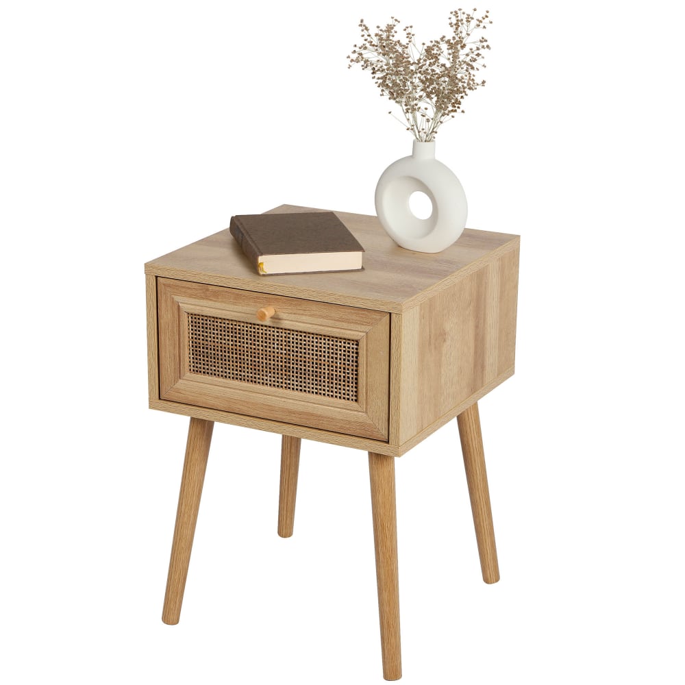 Table de chevet effet bois 1 tiroir rotin 39x39x55cm