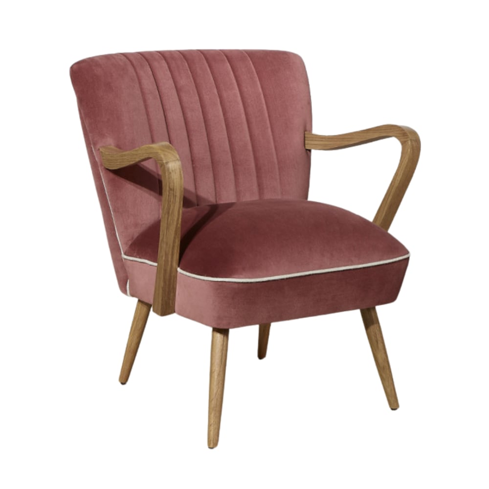 Fauteuil style scandinave en hévéa et velours rouge sienne Fauteuil style scandinave en hévéa et velours rouge sienne